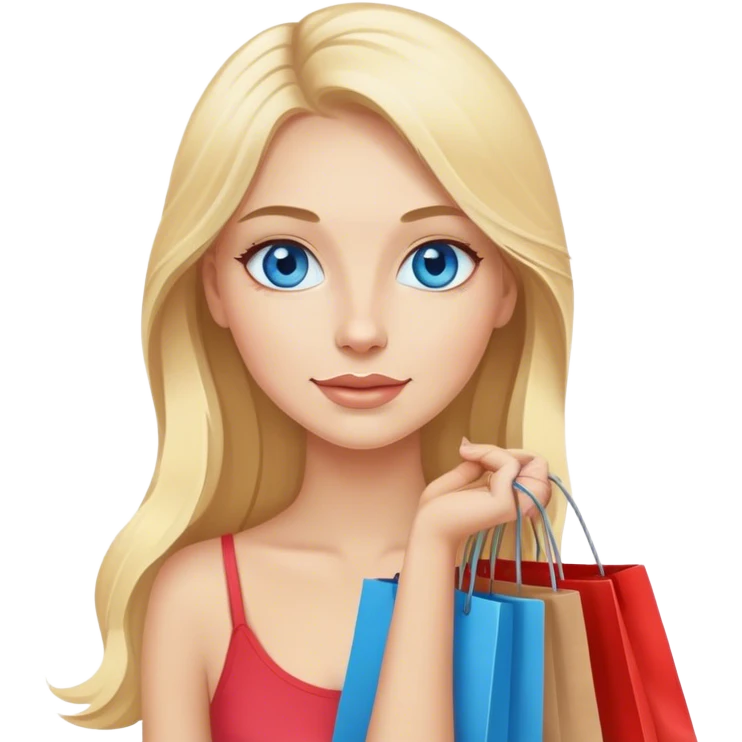 Cinematic realistic blonde with long hair, blue eyes goes shopping in her hands emoji