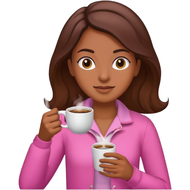 Mulher morena tomando café  com roupa rosa esfriando o café  emoji