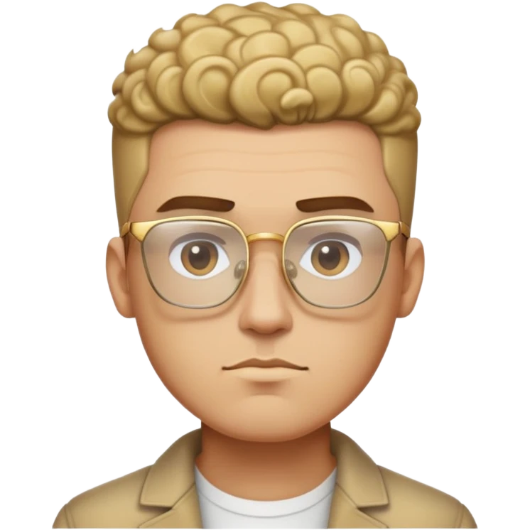 Man with angular square face, thick straight eyebrows, short fade haircut with faded sides and curly top, light stubble, neutral serious expression, wearing large square gold glasses emoji