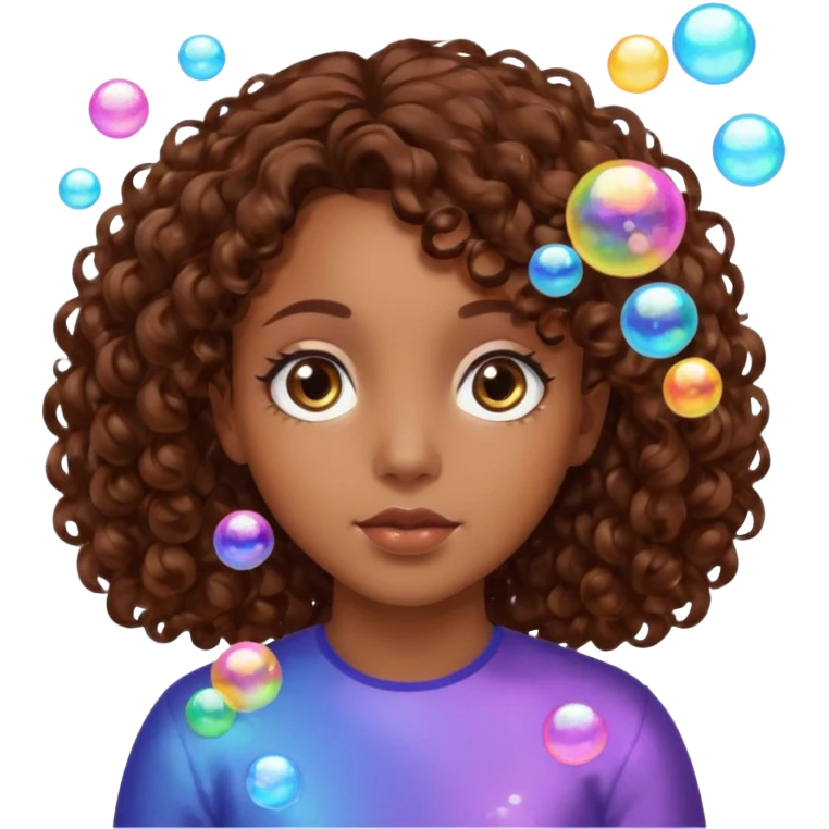 girl with brown curly hair in a side part with big brown eyes looking off to the side with bubbles on both sides of her emoji