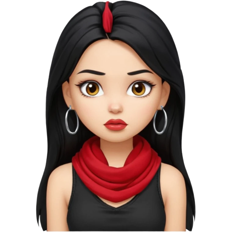 a pretty bratz girl with long black hair, kajal under eyes, small silver hoop. black tank top on. Red scarf around neck emoji