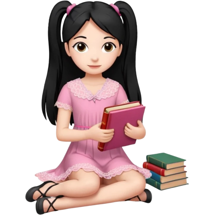 A beautiful girl, wearing a pink lace dress, her long straight black hair is tied in two ponytails, she holds books and crayons in her hands, her feet are bare, sitting on the floor with her legs crossed. emoji
