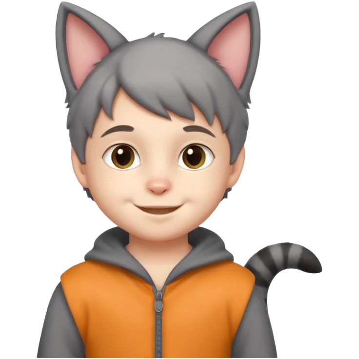 little kid Boy in gray cat suit with tail and ears emoji