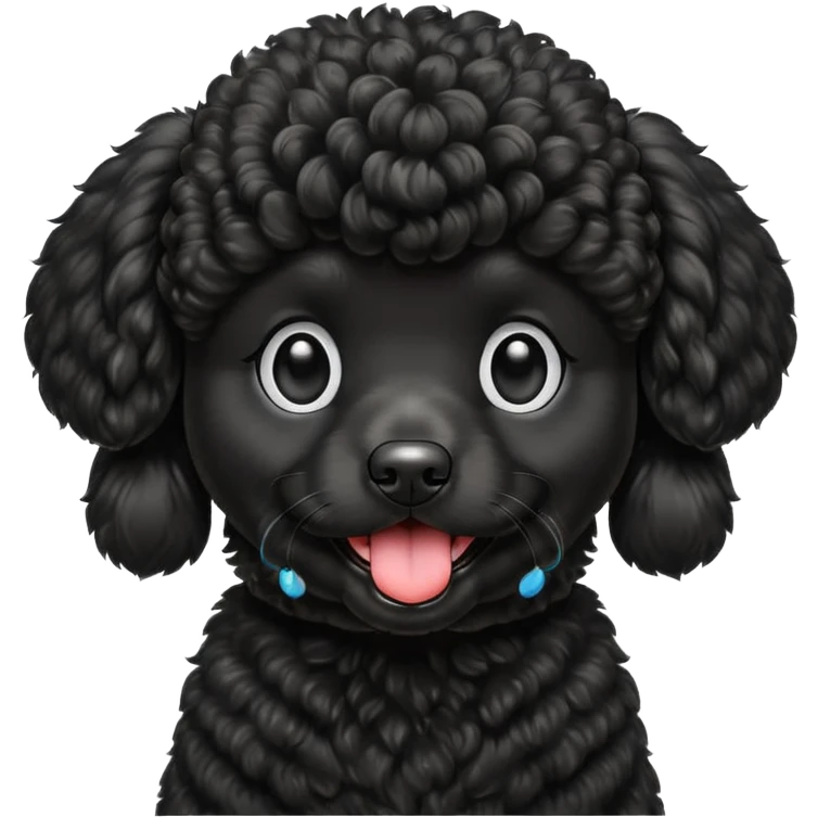 A high-resolution square-format digital illustration of a black poodle in a clean, emoji-inspired semi-realistic style. The poodle is shown from the chest up, facing forward with a slight tilt of the head to the left, tongue out playfully. emoji