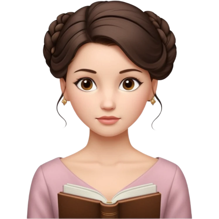 Cinematic Realistic Journal Portrait, depicted with lifelike skin texture, subtle rosy undertones, and soft natural lighting that enhances the gentle contours of her face. Her intricately detailed brunette hair is elegantly styled in an updo, emoji