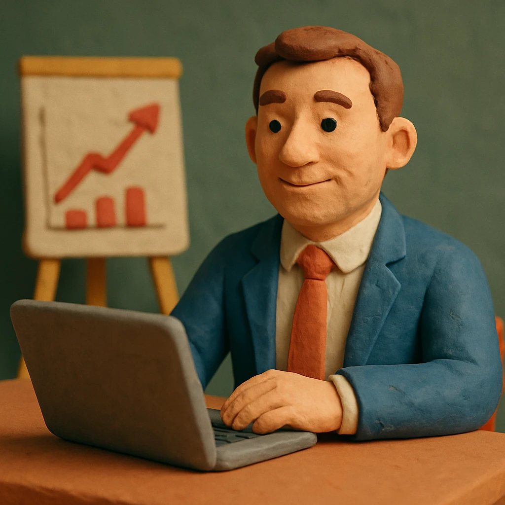 A 35-year-old male business coach sitting at a table with a laptop emoji