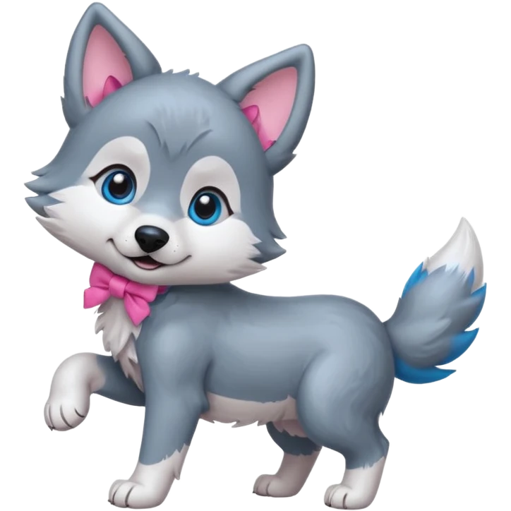 an animated gif-style sticker emote of a wolf puppy bent forward in a playful pose wagging its tail in a smooth, natural arc over its back. It has a pink bow in front of its ear and bright blue eyes emoji