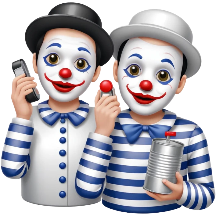 two mime clowns using tin can telephone emoji