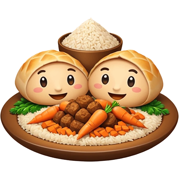 Uzbek cuisine humanless avatar in bright emoji-style illustration. Classic dishes like plov and samsa, warm golden and earthy tones, simple shapes, flat design, high contrast, friendly and appetizing. emoji