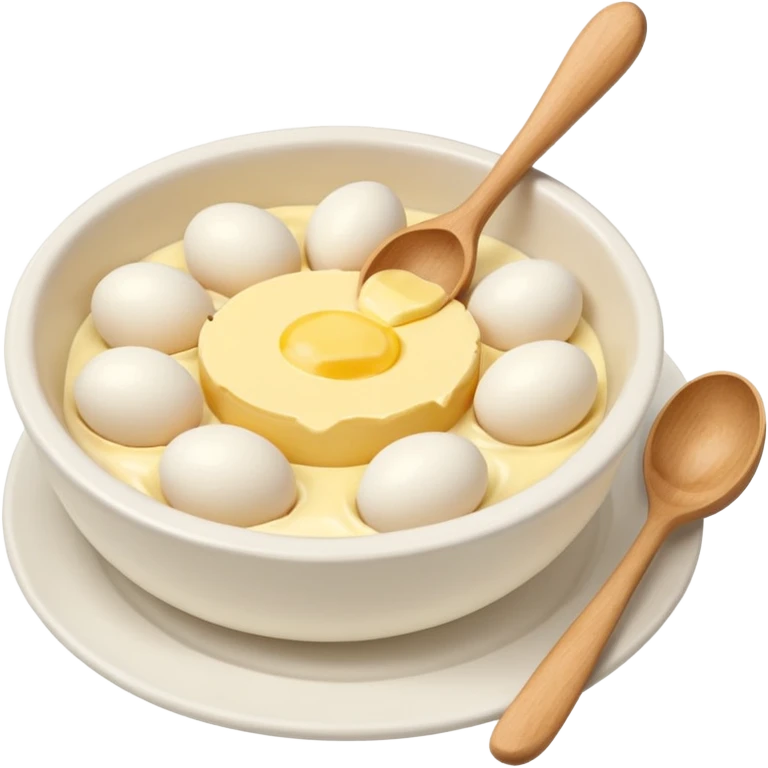 a dozen eggs, a ceramic mixing bowl with a wooden spoon and a plate of butter emoji