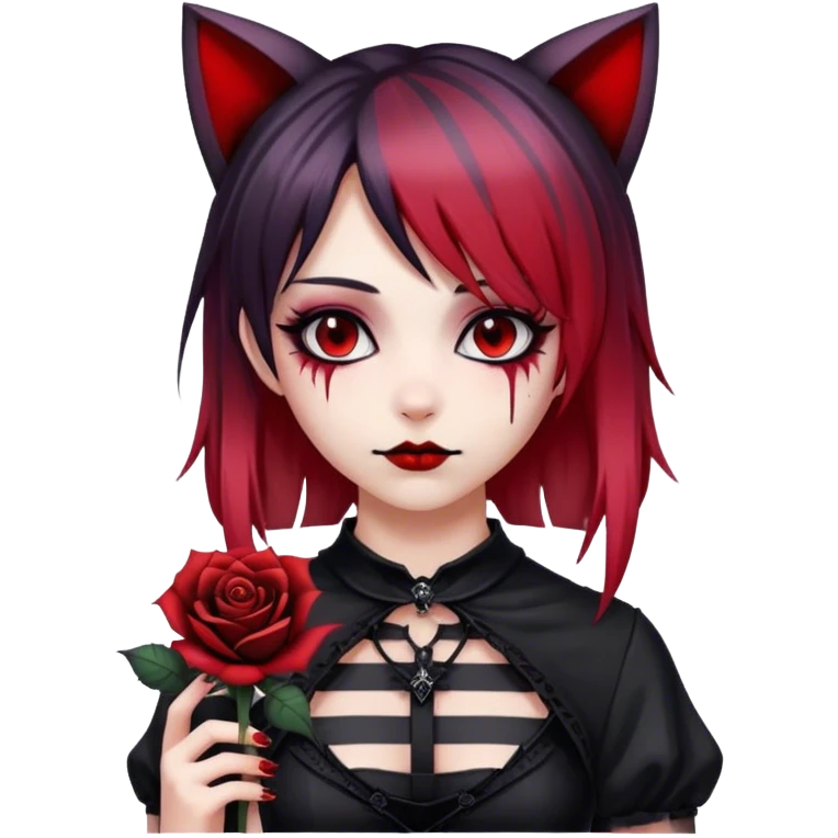 Bloody black rose anime gothic emo  beautiful gorgeous cool edgy cute lady with cat ears, gradient black-and-red-striped hair emoji