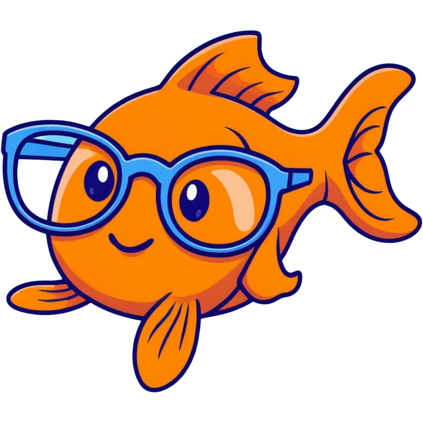 A funny orange goldfish with large glasses, making a goofy face emoji