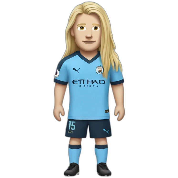 Realistic Erling Haaland has long hair, in acatogan. He is wearing Manchester City football shirt emoji