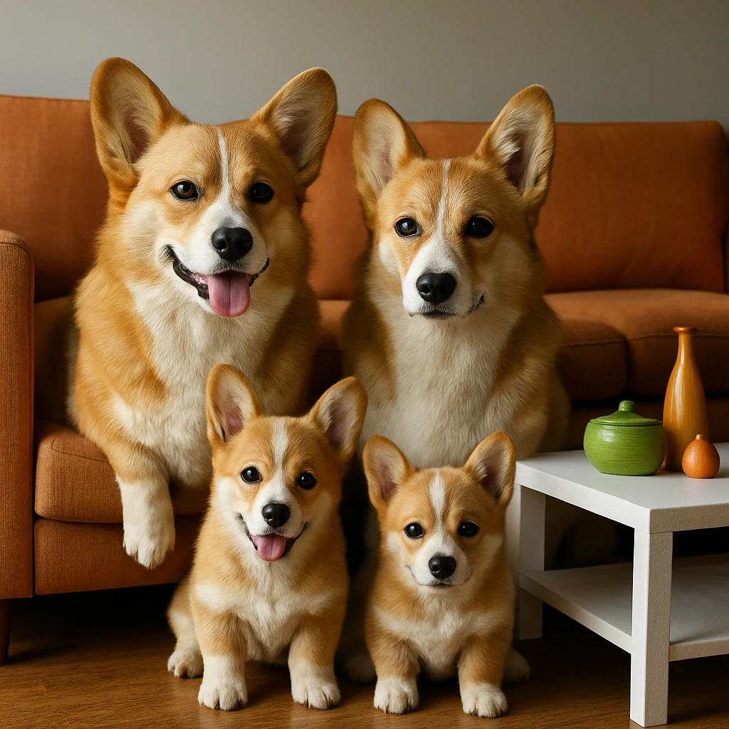 Make the corgi family and living room scene look more realistic and lifelike, with natural fur textures, realistic lighting, and detailed features, while keeping the same composition. The style should be realistic and photorealistic to enhance the natural appearance of the scene. emoji