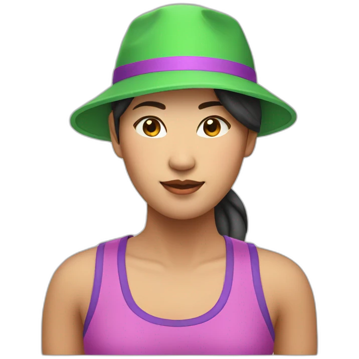 asian woman, green hat backwards, pink and purple singlet emoji