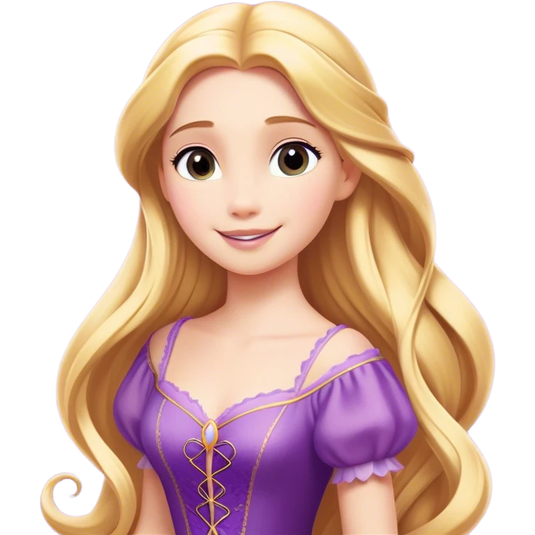 Cinematic Radiant Rapunzel Portrait Emoji, rendered in a flat vector style with clean proportions. Show Rapunzel with a gentle smile, fair, glowing skin, and her iconic long golden hair cascading softly, wearing a simple, elegant purple dress. The image radiates a warm, enchanting glow, high shine, and is accentuated by a soft glowing outline. emoji