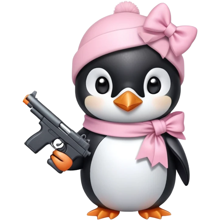 cute penguin wearing light pink bow on neck and holding light pink gun  emoji