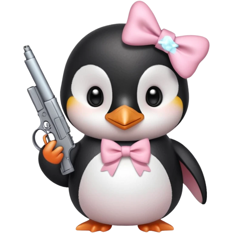 cute penguin wearing light pink bow on neck and holding light pink gun  emoji