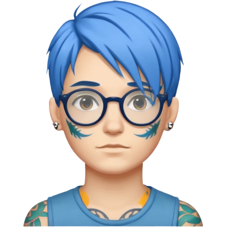 individual with blue hair, glasses, tattoo emoji