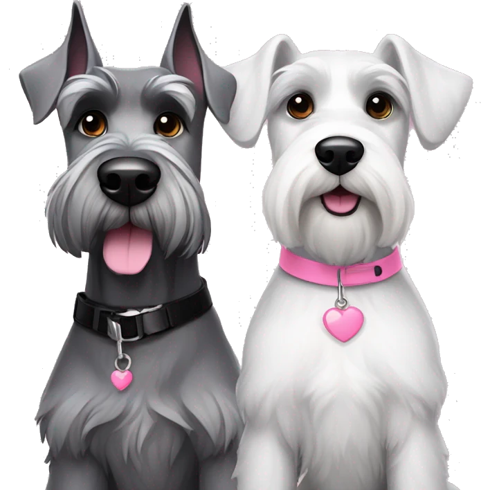 A big gray schnauzer with dark eyes wearing a black collar next to a small all white puppy schnauzer wearing a pink collar  emoji