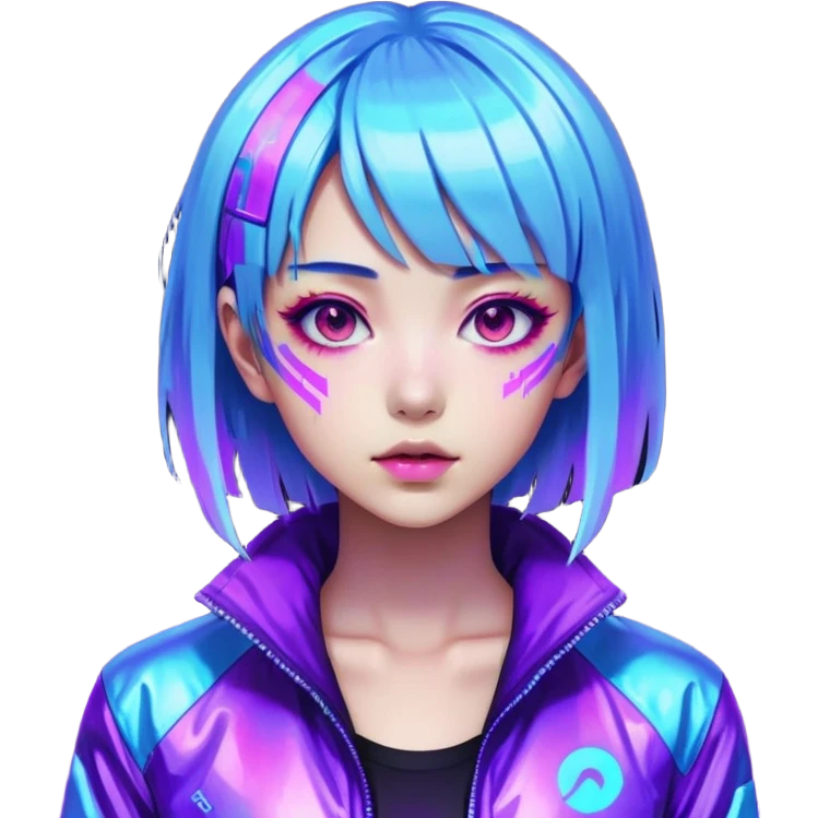 Cyberpunk Japanese girl with neon blue wig, holographic jacket, digital glitches effect, dark background with purple glow, iOS app icon style emoji