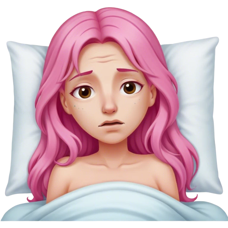 Woman with long pink hair In bed with sinus pain  emoji