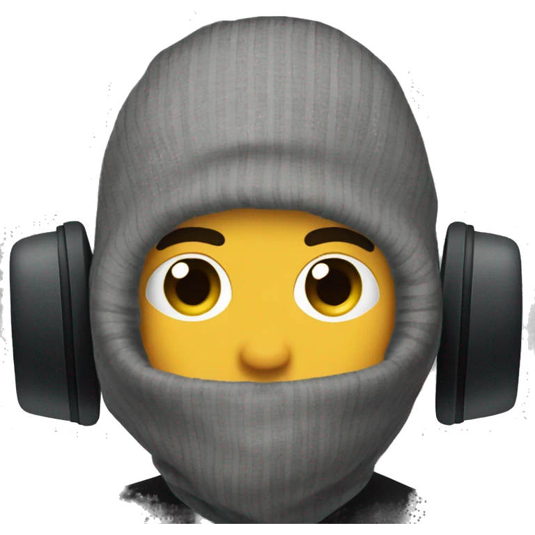 gamer with headphones and a black balaclava, there's a little bit of hair sticking out from under the balaclava. emoji