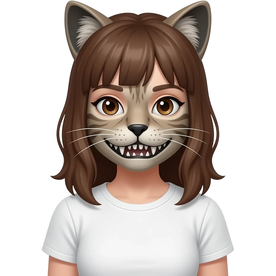 A girl wearing a gnarpy alien cat therian cat mask on her face with brown hair and brown eyes with a blank white shirt emoji