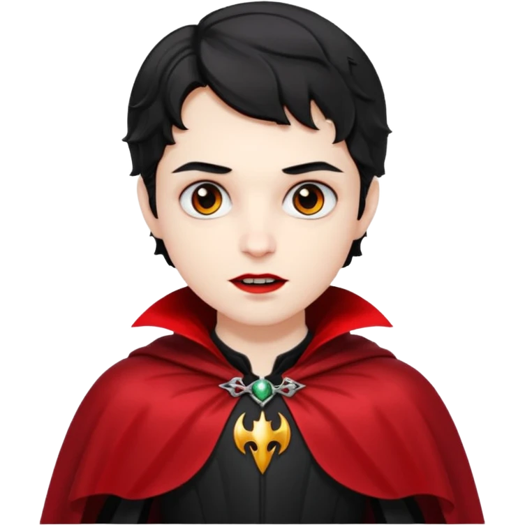 Pale skin, short black wavy hair, red and black cape. A traditional vampire look. emoji