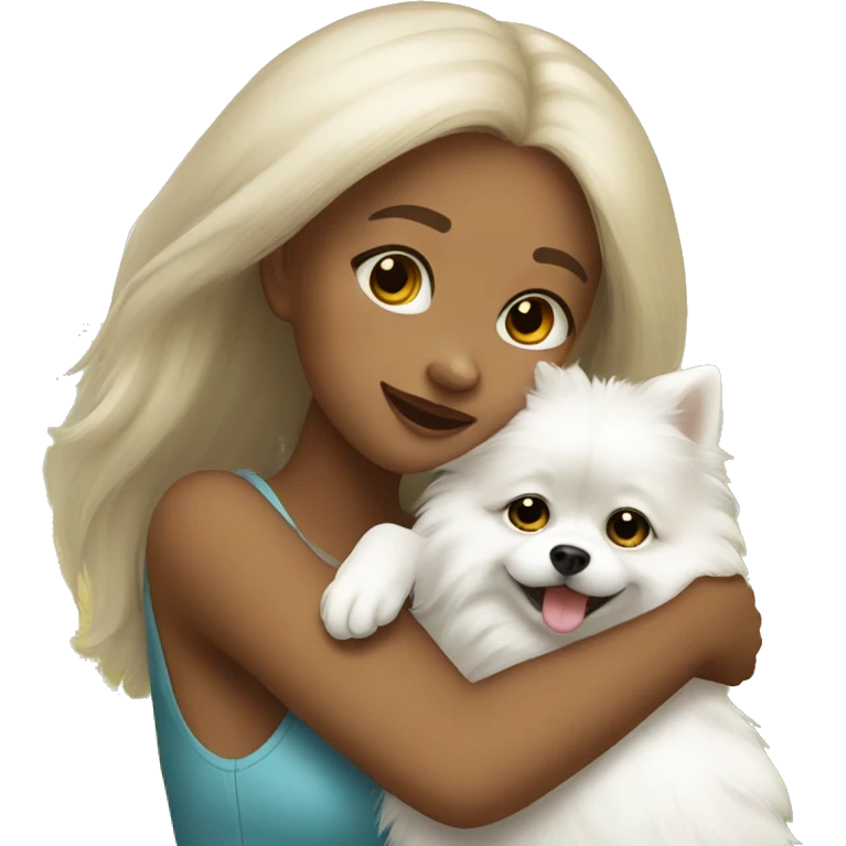 girl hug white Pomeranian emoji