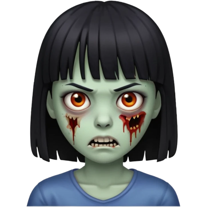 Zombie emoji Girl straight hair and bangs with a serious face and sharp teeth emoji