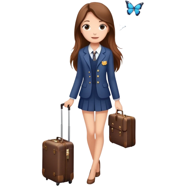 Girl with long brown hair with a suitcase, ready for travel, passport in hand and butterflies around her elegant cute outfit emoji