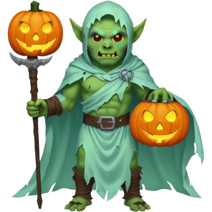 male orc warrior ghost emoji, green skin, tusks, wearing torn white ghost sheet costume, holding glowing jack-o'-lantern, faint blue aura, friendly but spooky expression, Halloween fantasy theme, Apple emoji style, clean white background, square emoji