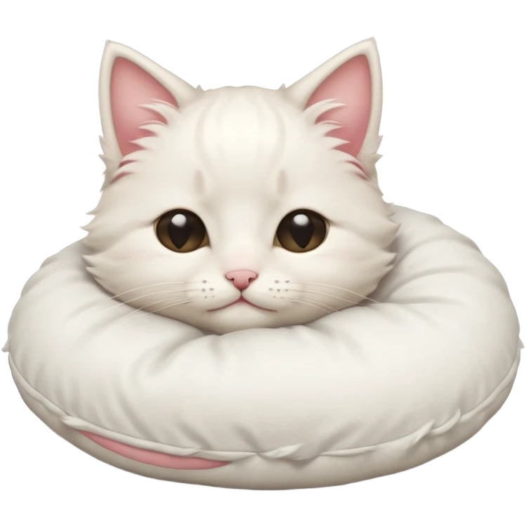 Stitch white fluffy kitten snuggling a pillow, cheeks rosy, eyes closed in > < shape emoji