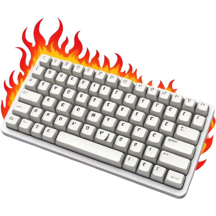 White-colored cool mechanical keyboard 65% in red-greenish fire flames in the background. emoji