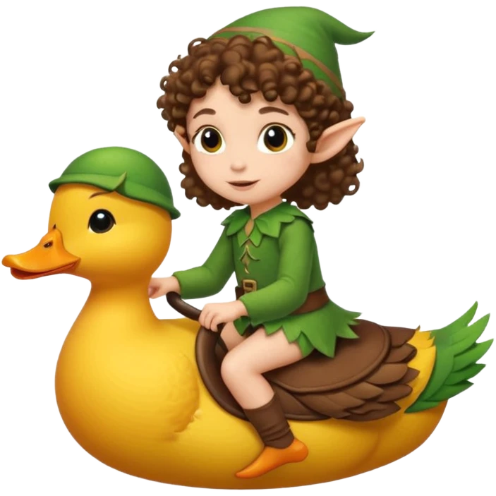 tiny forest elf short tight curly brown hair riding duck emoji