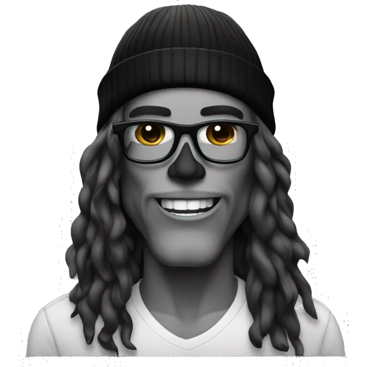 SKULL, long hair black ,beanie blackwith eyeglass emoji