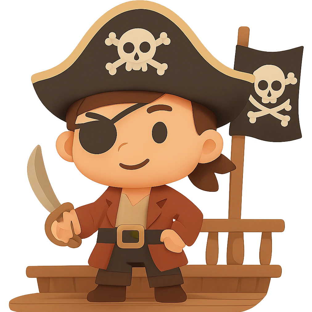 A cute chibi pirate captain with an eye patch and hat standing proudly on the deck of a pirate ship emoji