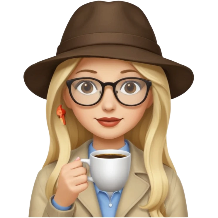 long hair blonde woman drink coffe with hat and glasses emoji