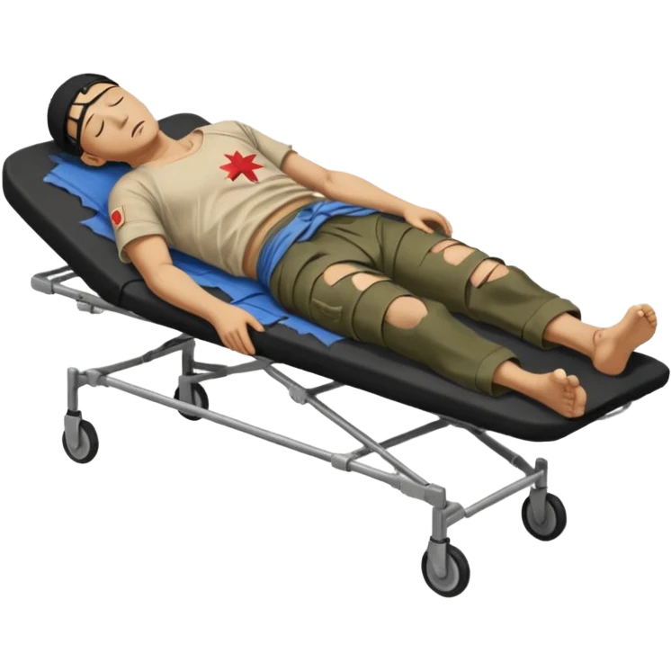 wounded man of oriental appearance, dressed in torn clothes, full length, with closed eyes, head lying on stretcher, in prone position, with injuries on black military stretcher, 1980 emoji