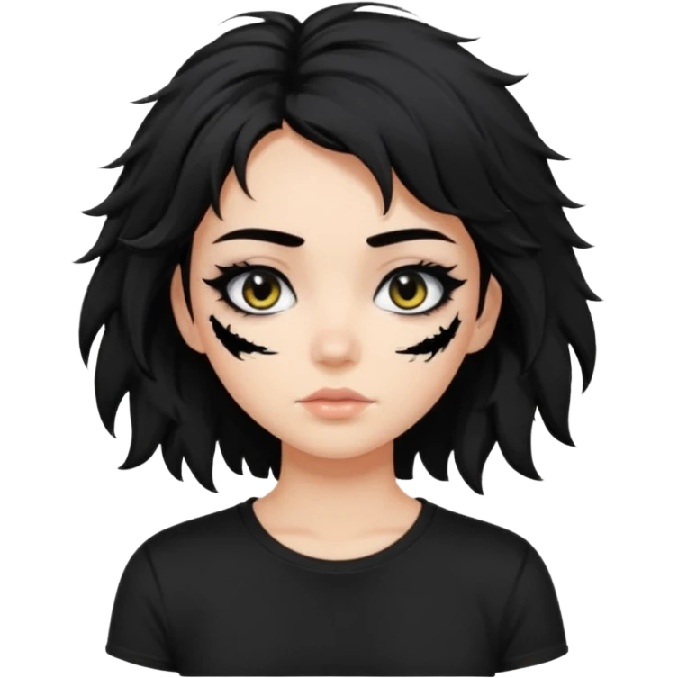 a pretty bratz fair girl with messy shaggy black hair with mascara smudged wearing a tight black tee emoji