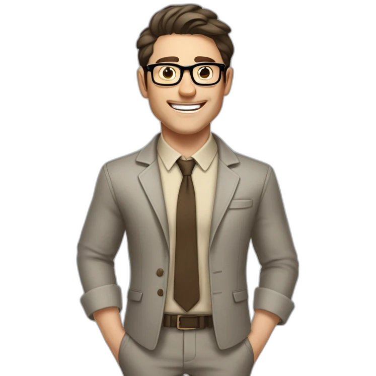Joyful Pale skinned Fit Man With dark brown hair in gray jacket, beige office shirt, Brown pants and vintage glasses. His thrumbs up emoji