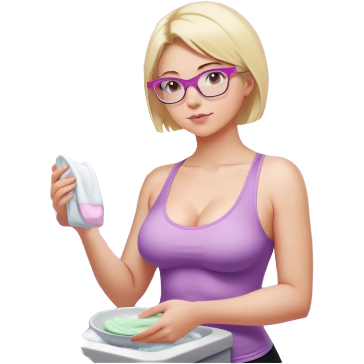Thick fair skinned woman, short blond hair, small light purple reading glasses, washing dishes, sheer pink tank top, showing natural breast shape SFW, black yoga pants, thick booty emoji