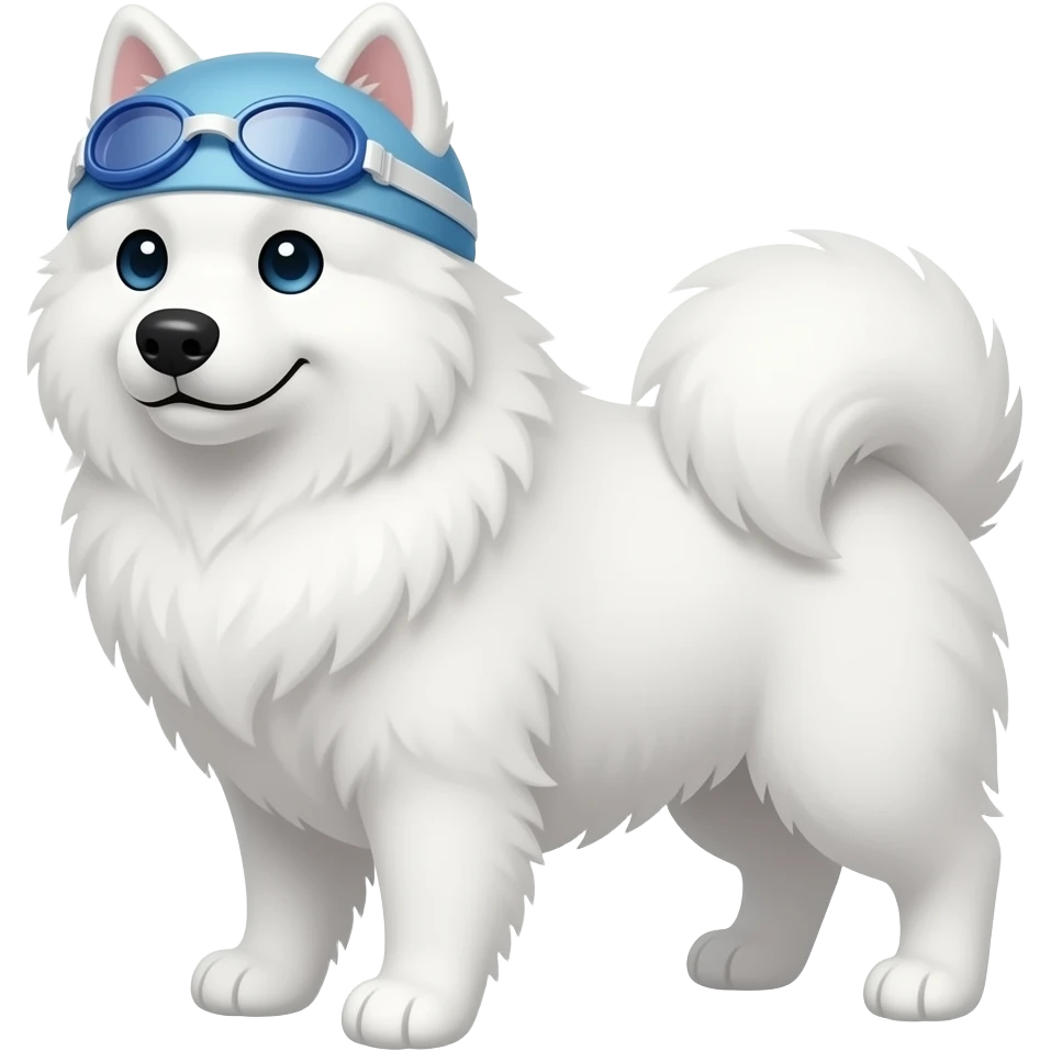 Make a samoyed that has swimming goggles and a swimming cap on , make the ears be inside the cap emoji