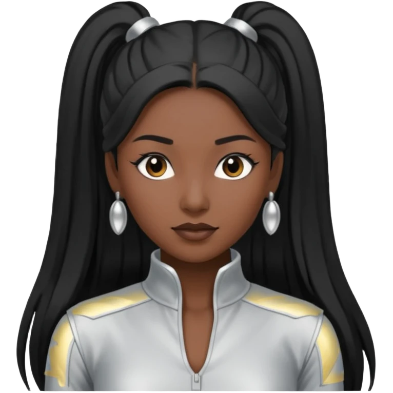 Left Eye from TLC with dark skin, long black ponytail hair, silver outfit emoji