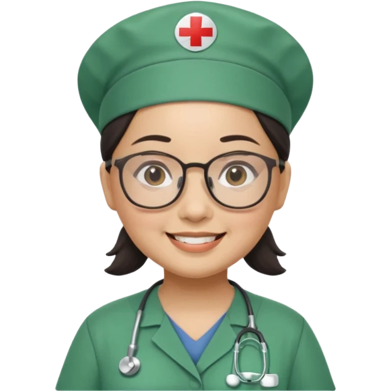 FILIPINA FEMALE NURSE, CHUBBY, NO HAIR, WITH GLASSES, GREEN SCRUBS, AND CAP, SMILING emoji