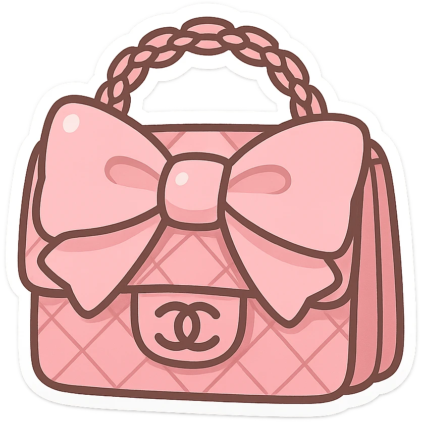 pink Chanel purse with a big bow, cute and exaggerated chibi stickers style emoji