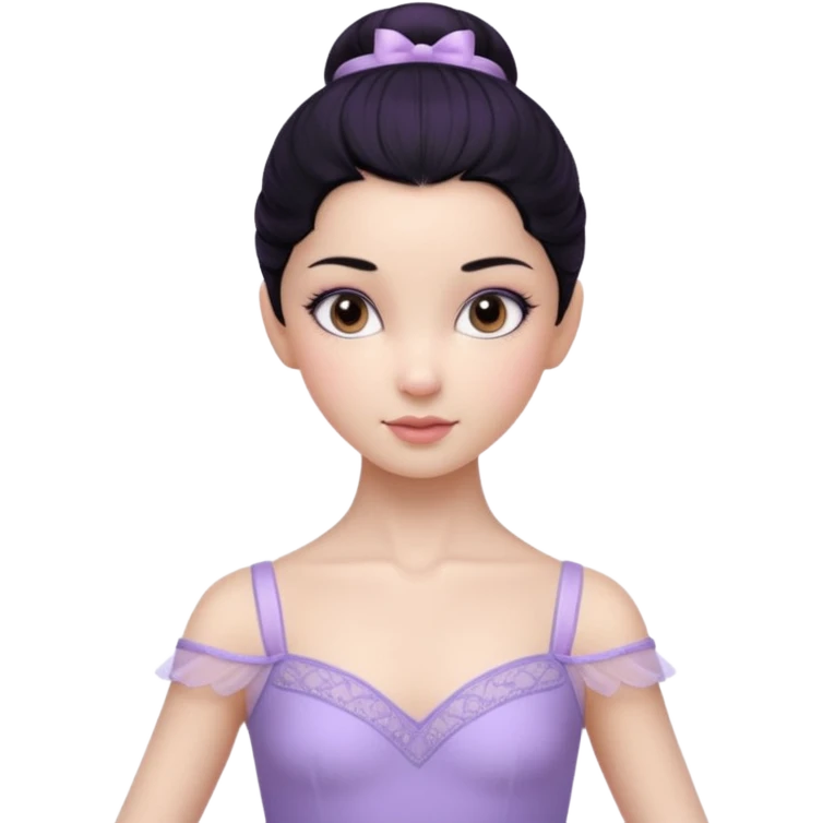 Cinematic Realistic ballerina Light Purple Portrait, depicted with lifelike skin texture, subtle rosy undertones, and soft natural lighting that enhances the gentle contours of her face. Her intricately detailed sweet black hair is elegantly styled, emoji