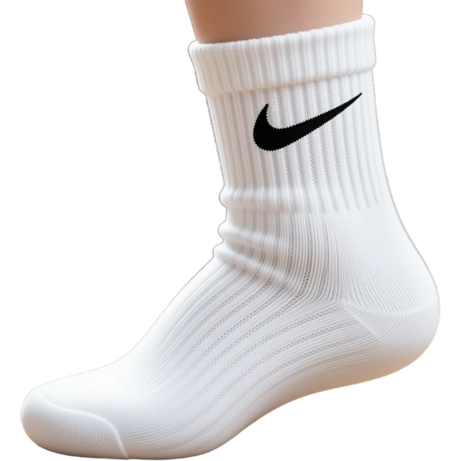 Vacuumed white Nike sock, extreme close-up. Plastic clings to contours, no air. Black Swoosh sharp beneath glossy film. Ribbed texture clear. Natural light highlights wrinkles against blurred wooden background. Extreme compression shows fine weave and crisp logo. emoji