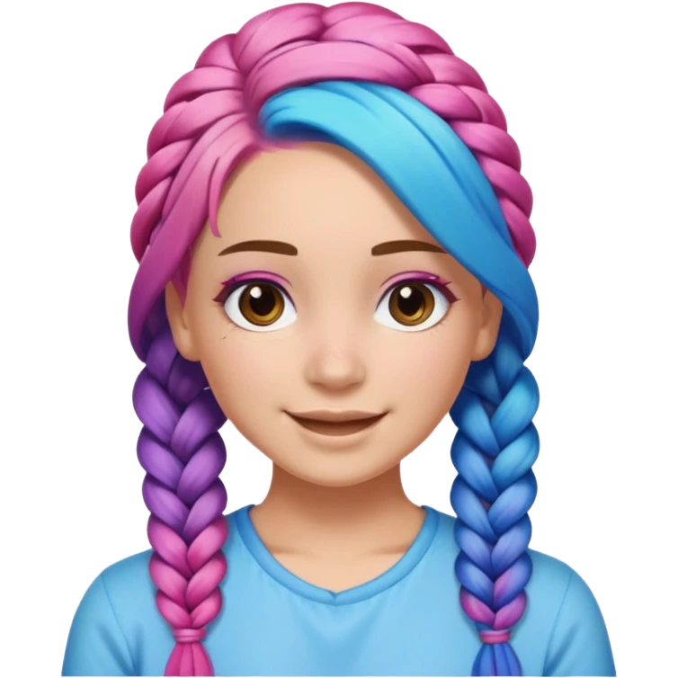 Woman with braided rainbow hair, happy — long braids fading from pink to blue emoji